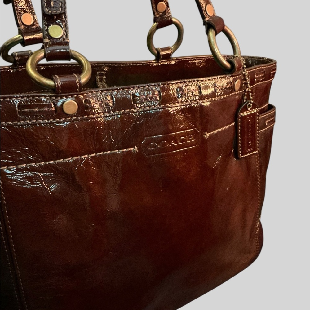 Coach Tribeca Patent Leather Tote Brown East West Shoulder Bag - Picture 6 of 13